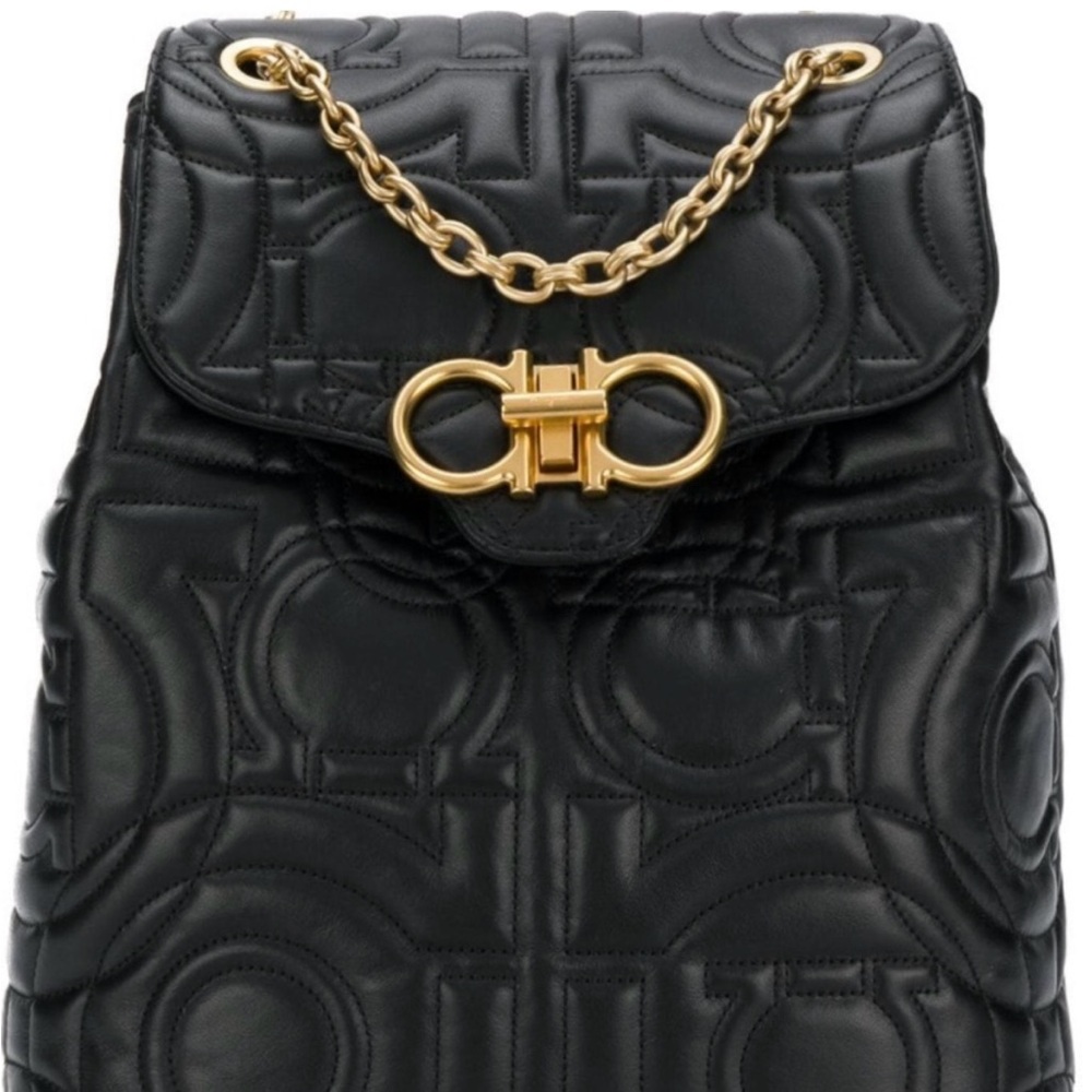 Salvatore Ferragamo Black Leather Backpack with Gold Accent!AUTH